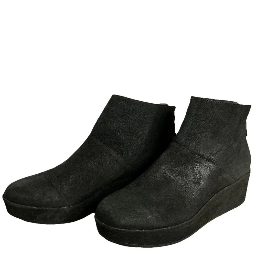 Eileen Fisher Black Suede Wedge Ankle Boots Minimalist‎ Comfort Chic US 9.5